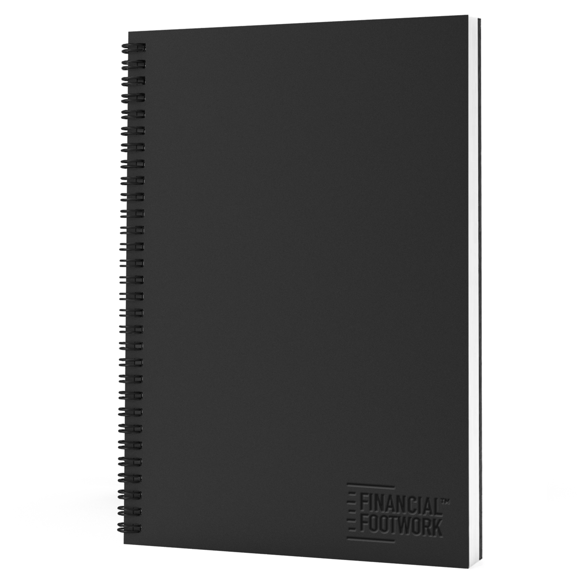 A black, spiral-bound Financial Footwork premium financial planner.