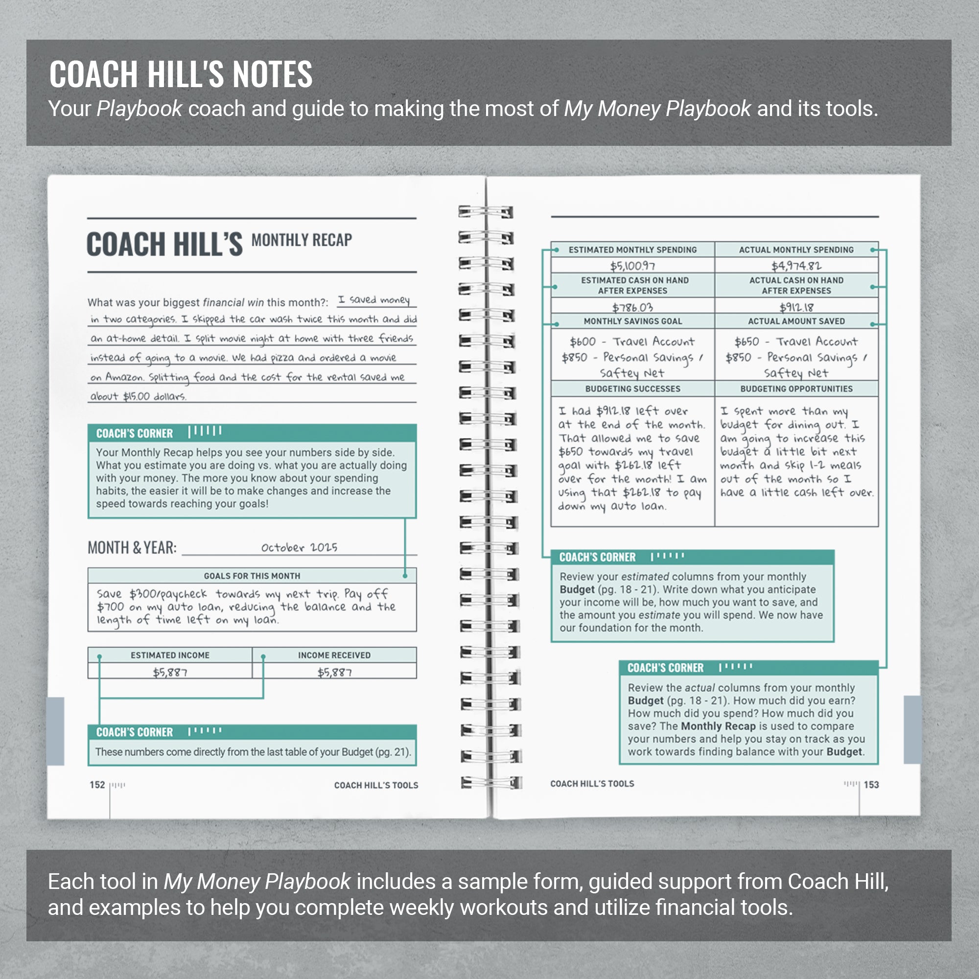 guided instructional notes embedded throughout a physical financial planner to help users complete budgeting and financial planning exercises