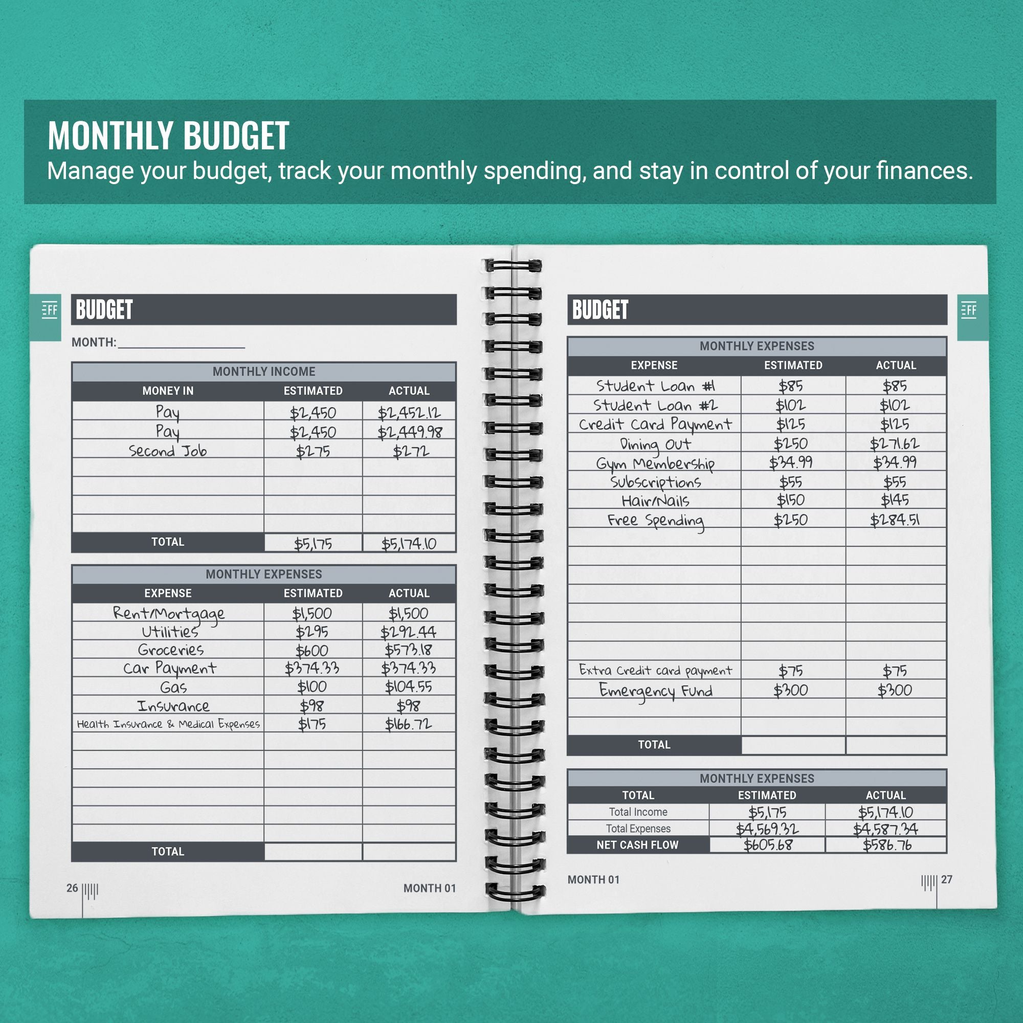 monthly budget pages in a 12-month financial planner for tracking income and expenses
