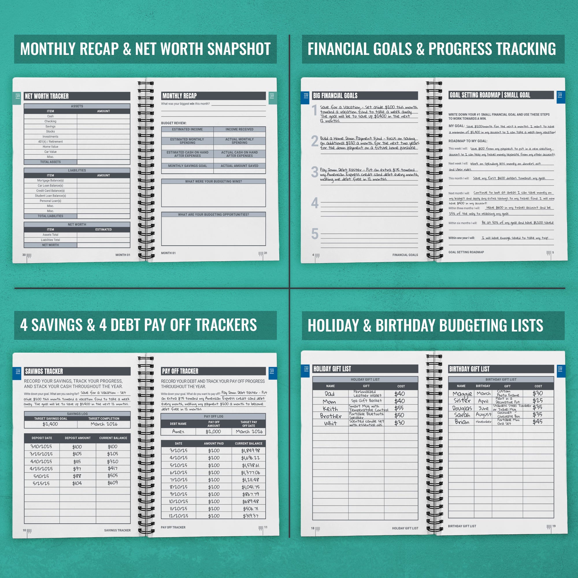 net worth tracking, financial goal setting, debt and savings payoff tracking, and year-end review pages in a 12-month financial planner