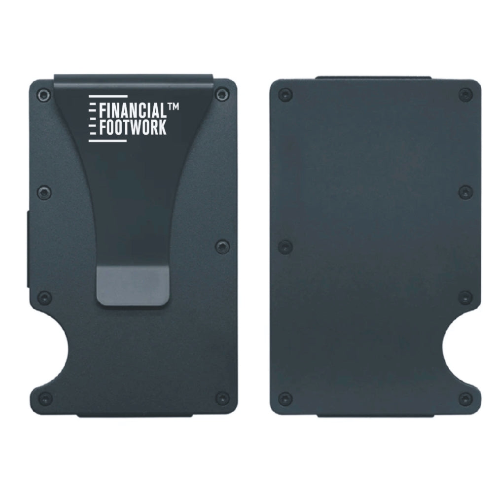 Top-down view of RFID blocking money clip wallet combo displaying both the front and back, highlighting its sleek design and secure construction.
