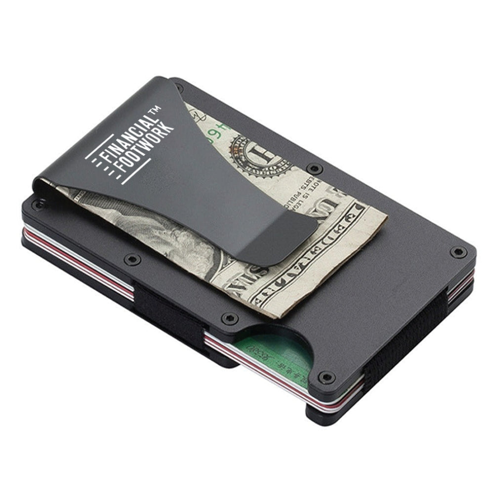 45-degree angled view of the money clip side of an RFID blocking wallet combo, showcasing the durable clip and modern design for secure card protection.