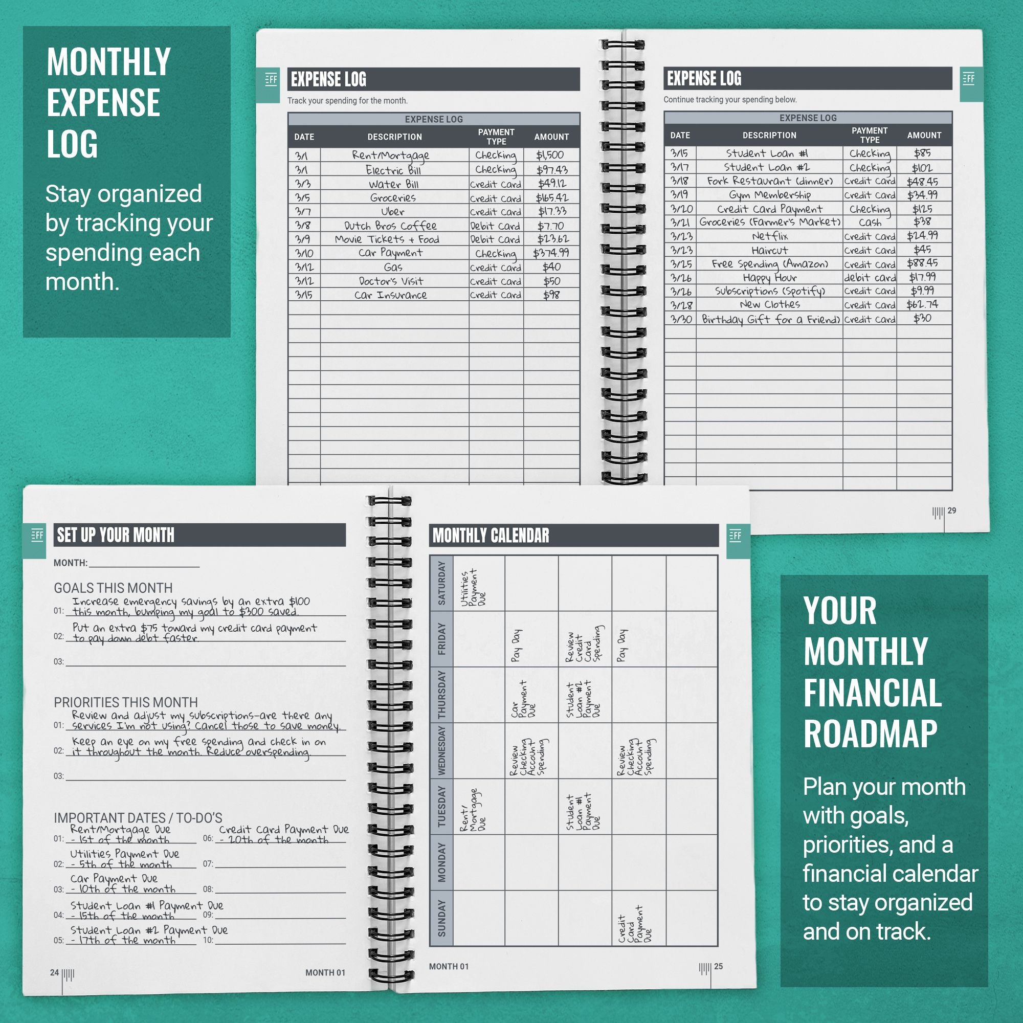 inside pages of a financial planner showing budget spreads and goal tracking