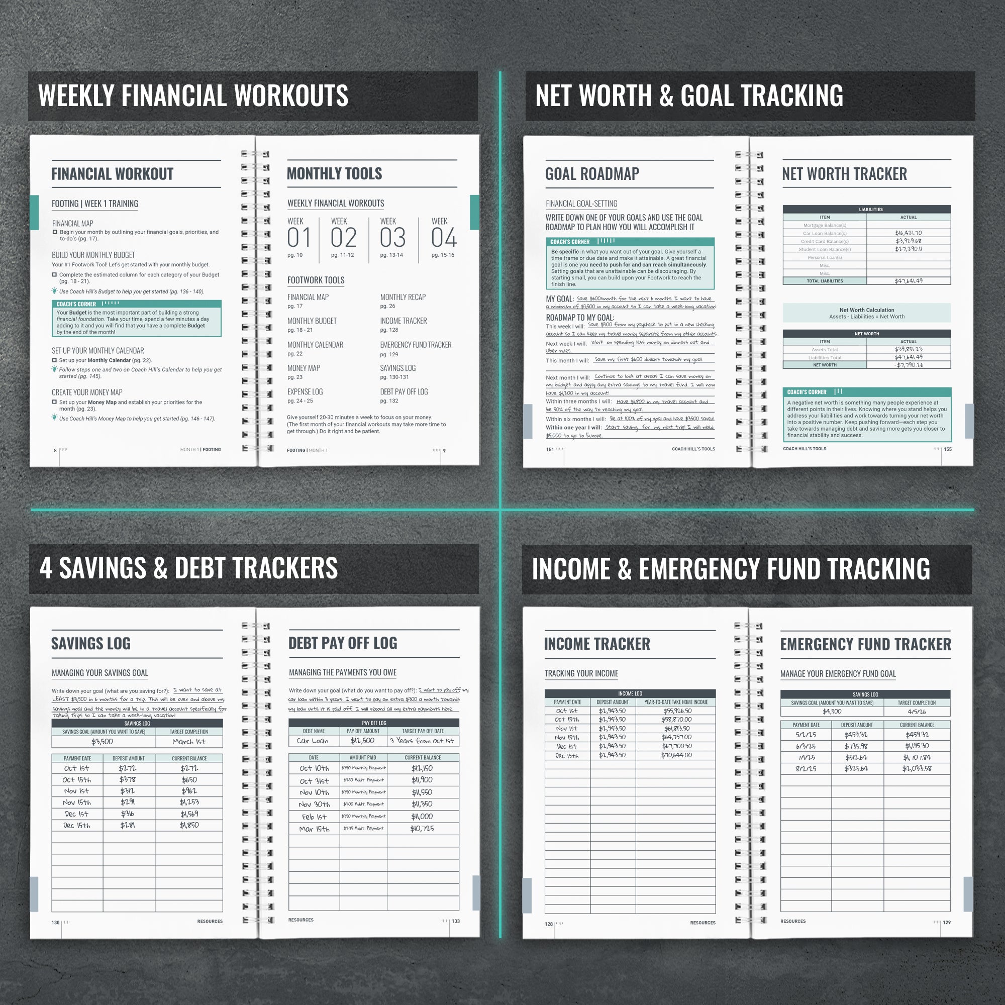 financial workout, savings, debt, and net worth tracking pages in a students financial planner
